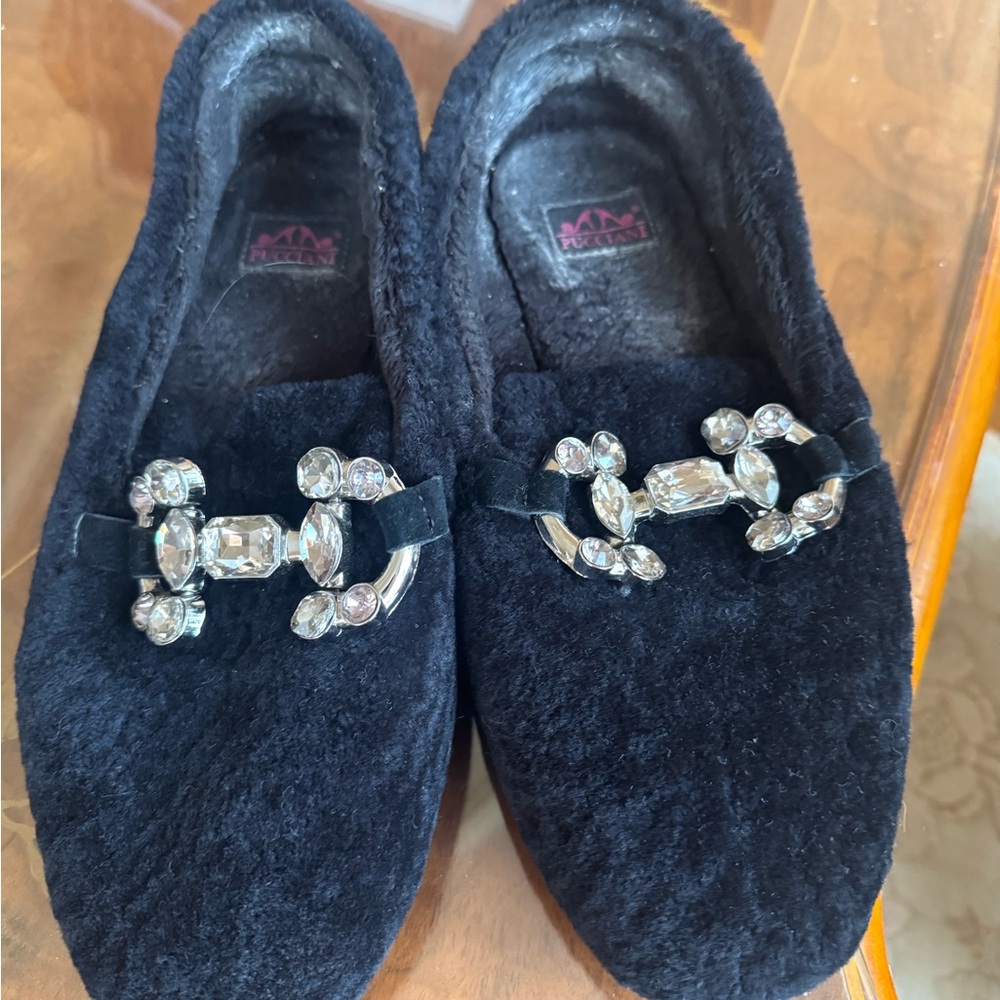 Black fur moccasins loafers shoes with Rhinestone Embellishments Sz 10.0